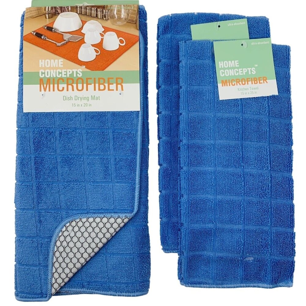 Drying Mat and Kitchen Towels Set Blue Microfiber Window Pane Check